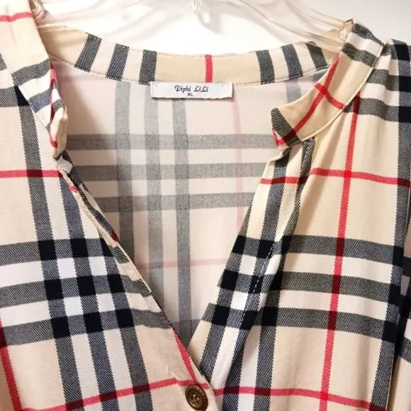 Diphi LiLi Plaid Dress Sz XL Tan Black V-Neck Button Down Fit & Flare Preppy VNT - Picture 11 of 13